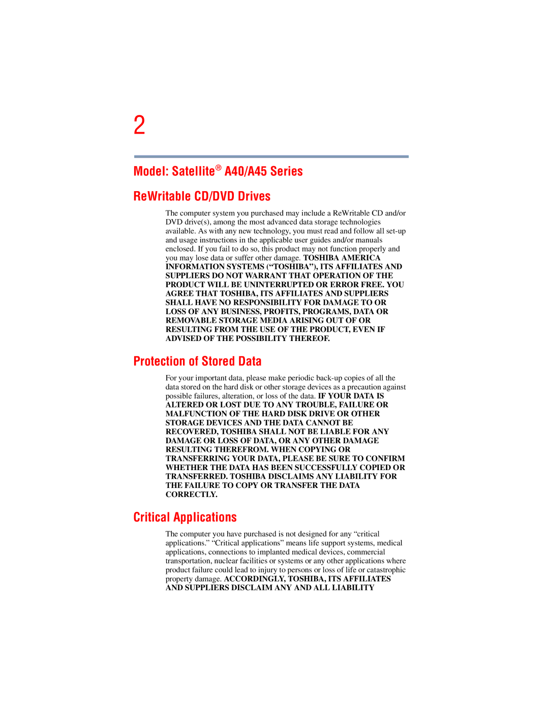 Toshiba manual Model Satellite A40/A45 Series ReWritable CD/DVD Drives, Protection of Stored Data, Critical Applications 