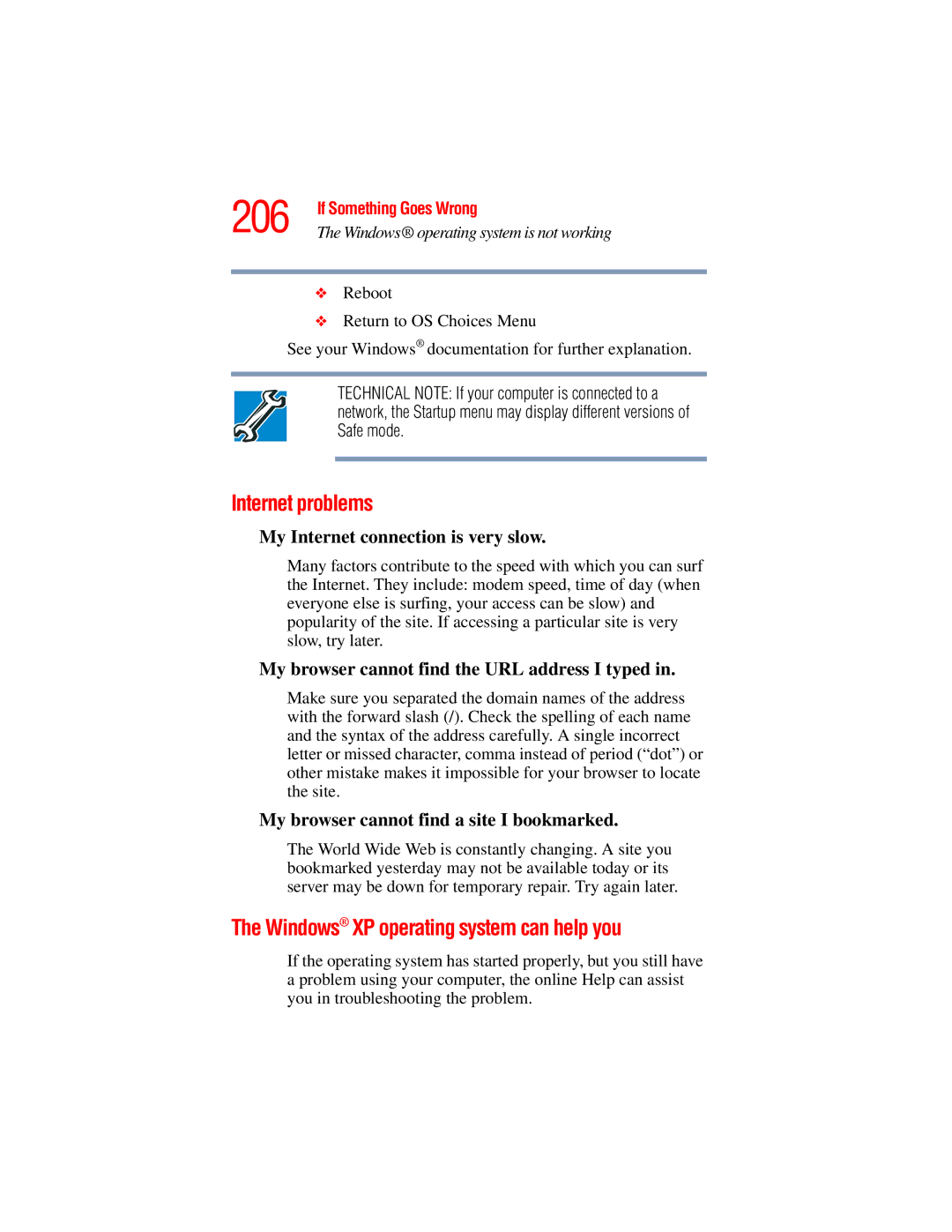 Toshiba A45 Series manual 206, Internet problems, Windows XP operating system can help you 