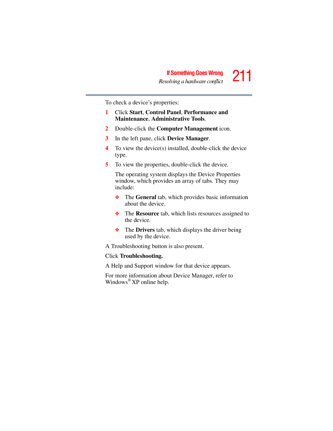 Toshiba A45 Series manual 211, To check a device’s properties, Click Troubleshooting 