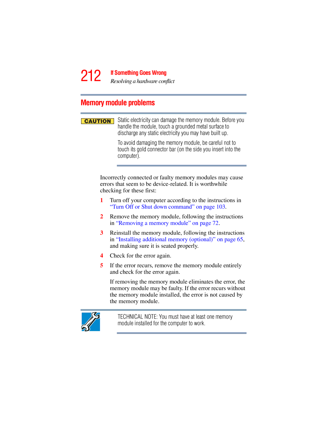 Toshiba A45 Series manual 212, Memory module problems 