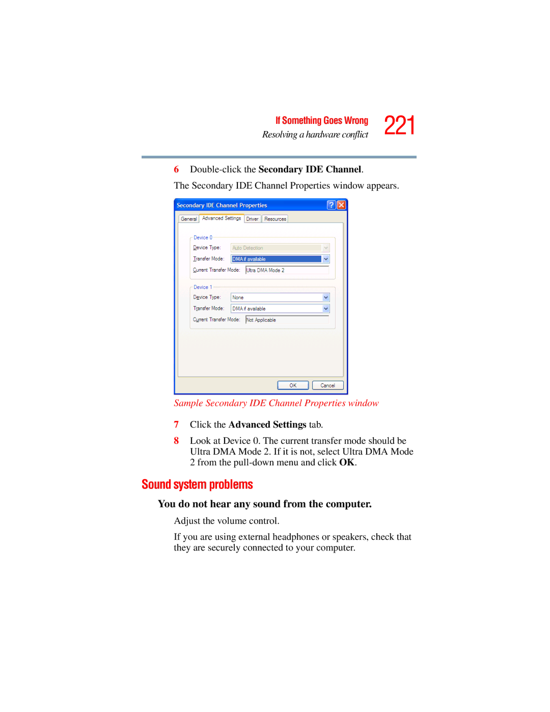 Toshiba A45 Series manual 221, Sound system problems, You do not hear any sound from the computer 