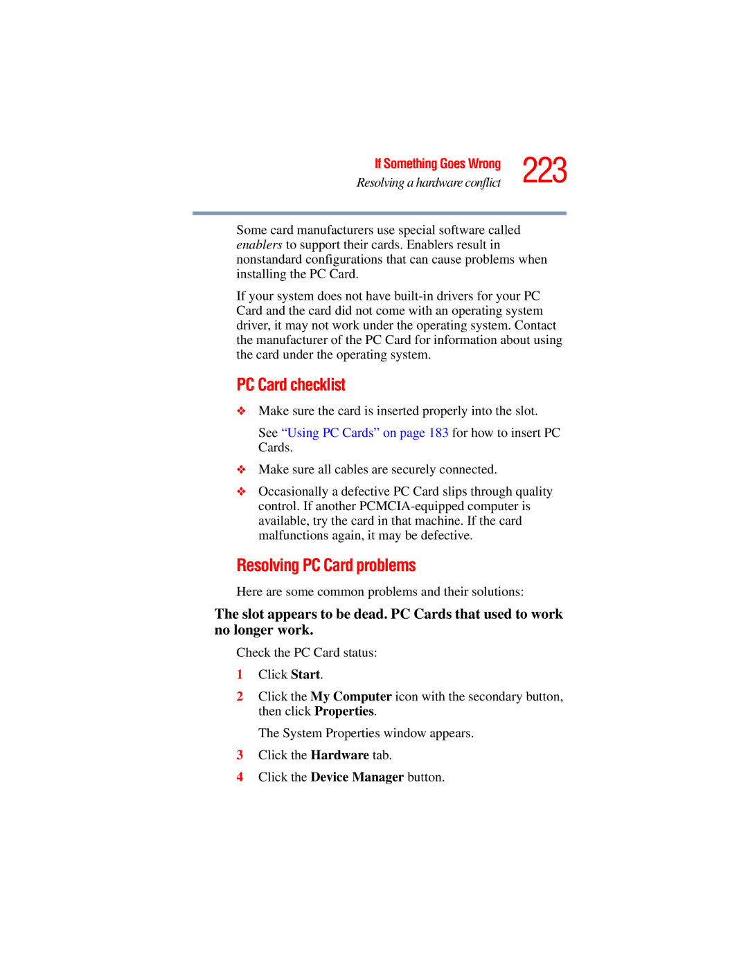 Toshiba A45 Series 223, PC Card checklist, Resolving PC Card problems, Here are some common problems and their solutions 