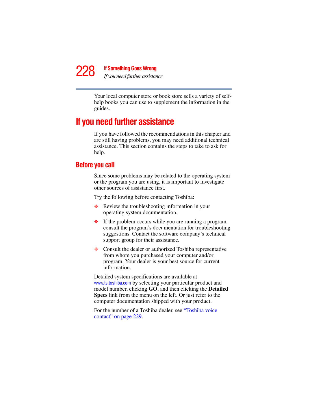 Toshiba A45 Series manual 228, If you need further assistance, Before you call 