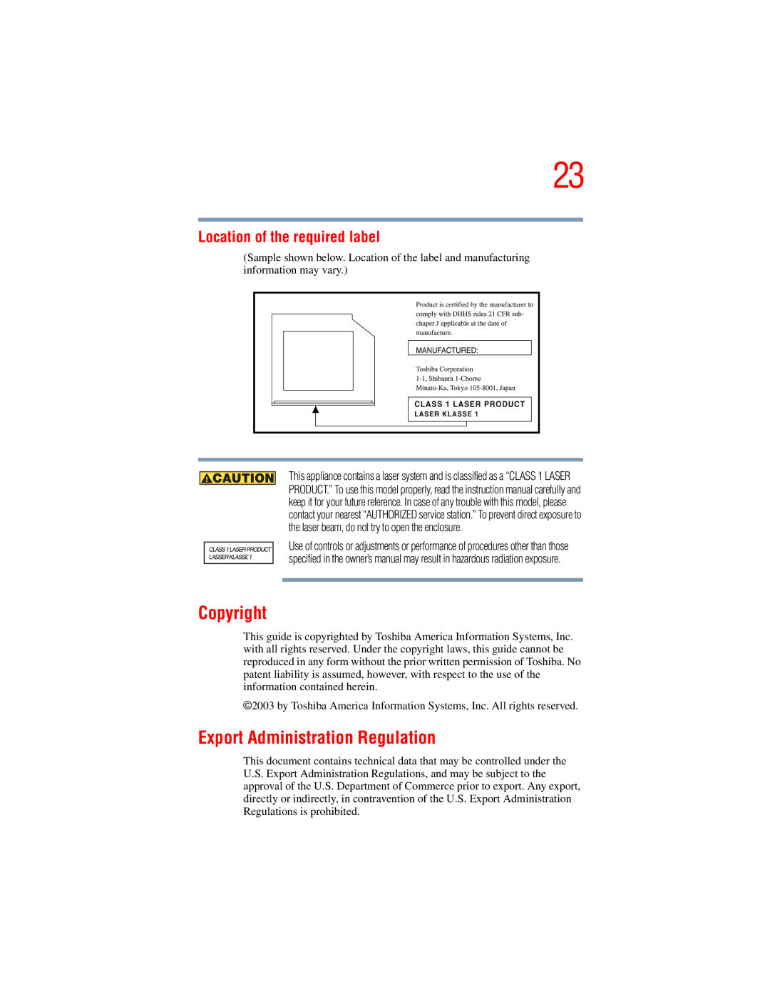 Toshiba A45 Series manual Copyright, Export Administration Regulation 