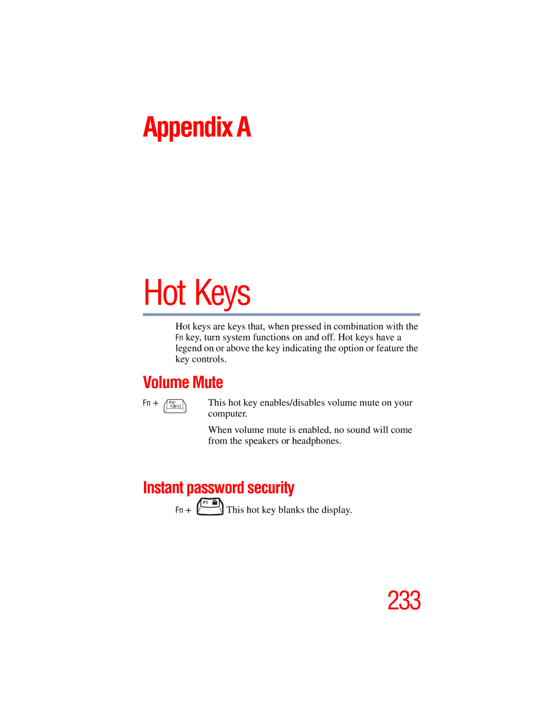 Toshiba A45 Series Volume Mute, Instant password security, This hot key enables/disables volume mute on your, Computer 