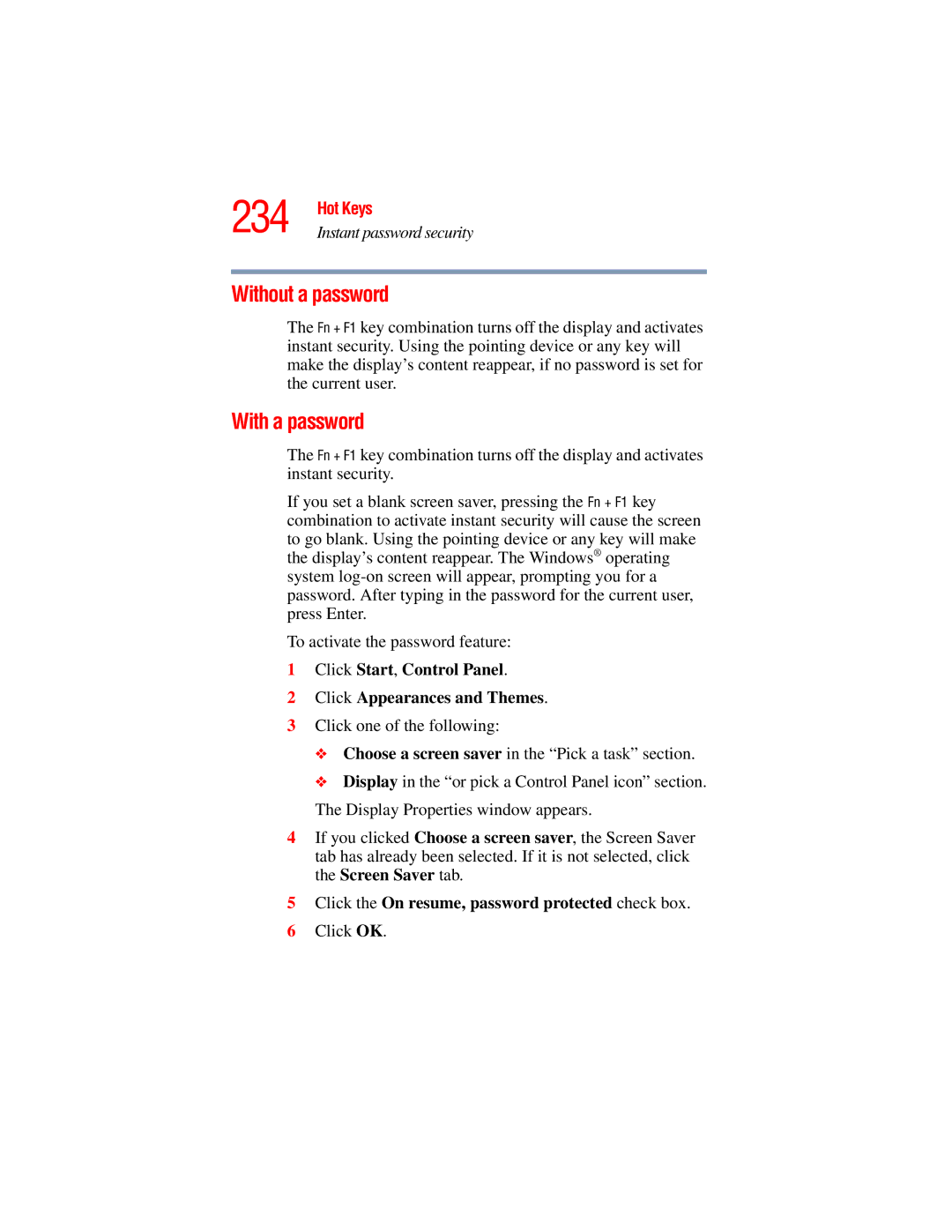 Toshiba A45 Series manual Without a password, With a password, Click Start, Control Panel Click Appearances and Themes 