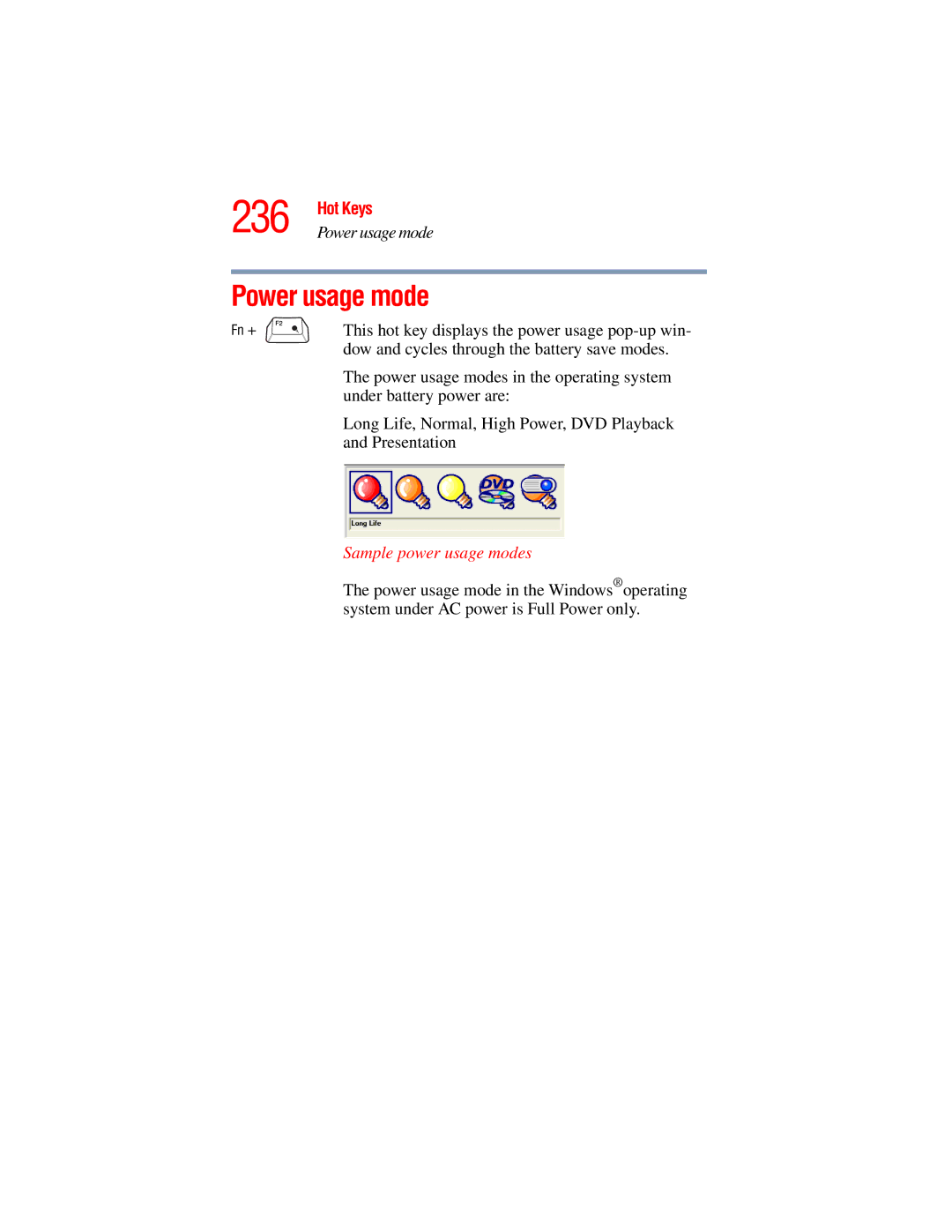 Toshiba A45 Series manual 236, Sample power usage modes 