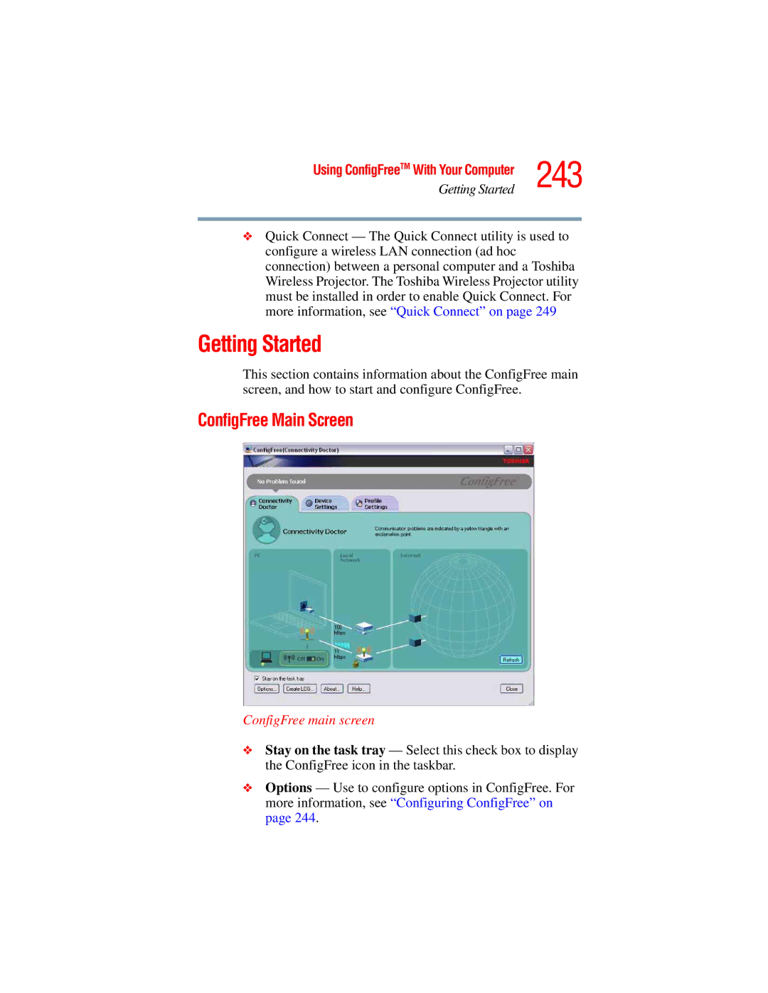 Toshiba A45 Series manual 243, Getting Started, ConfigFree Main Screen, ConfigFree main screen 