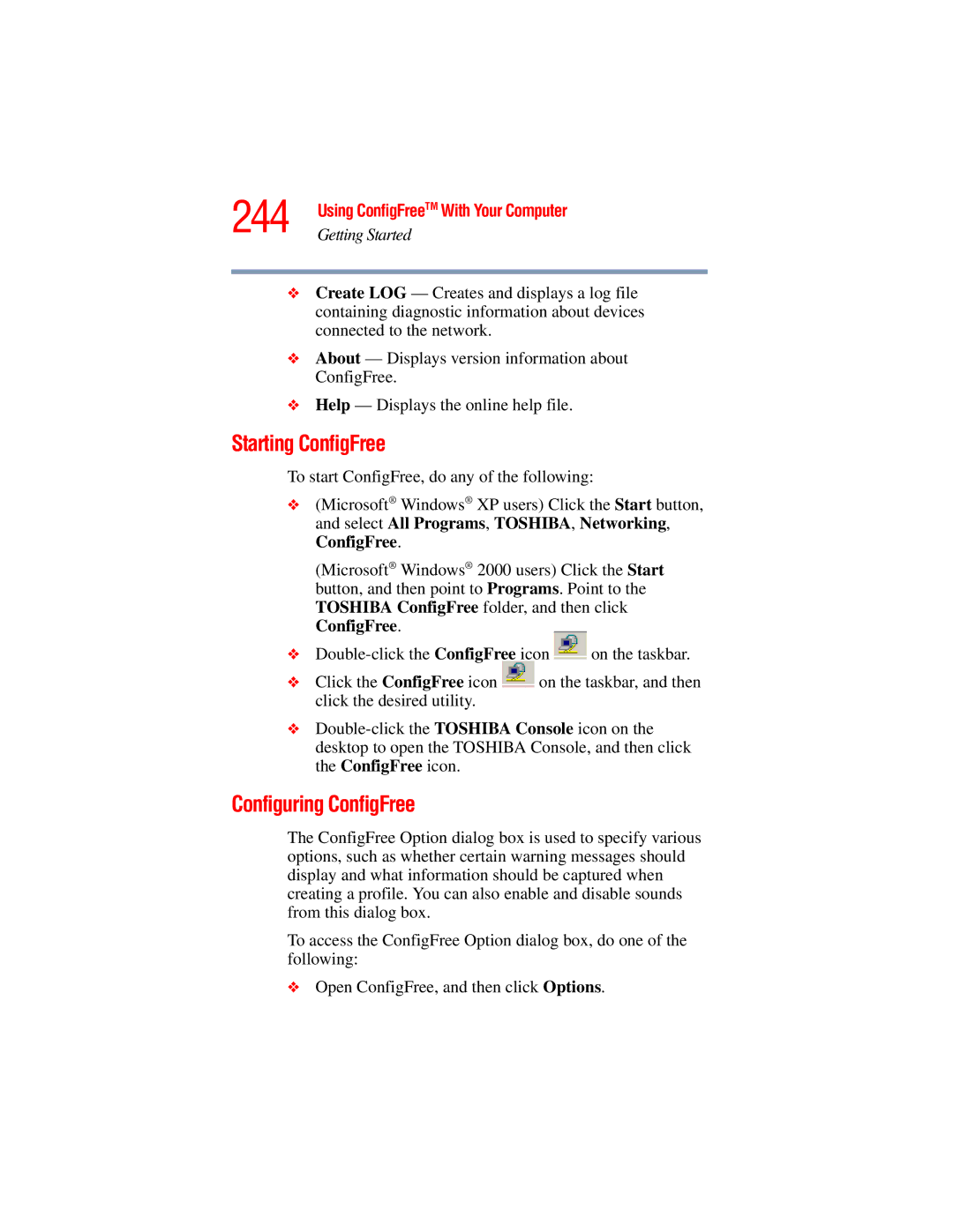 Toshiba A45 Series manual 244, Starting ConfigFree, Configuring ConfigFree 