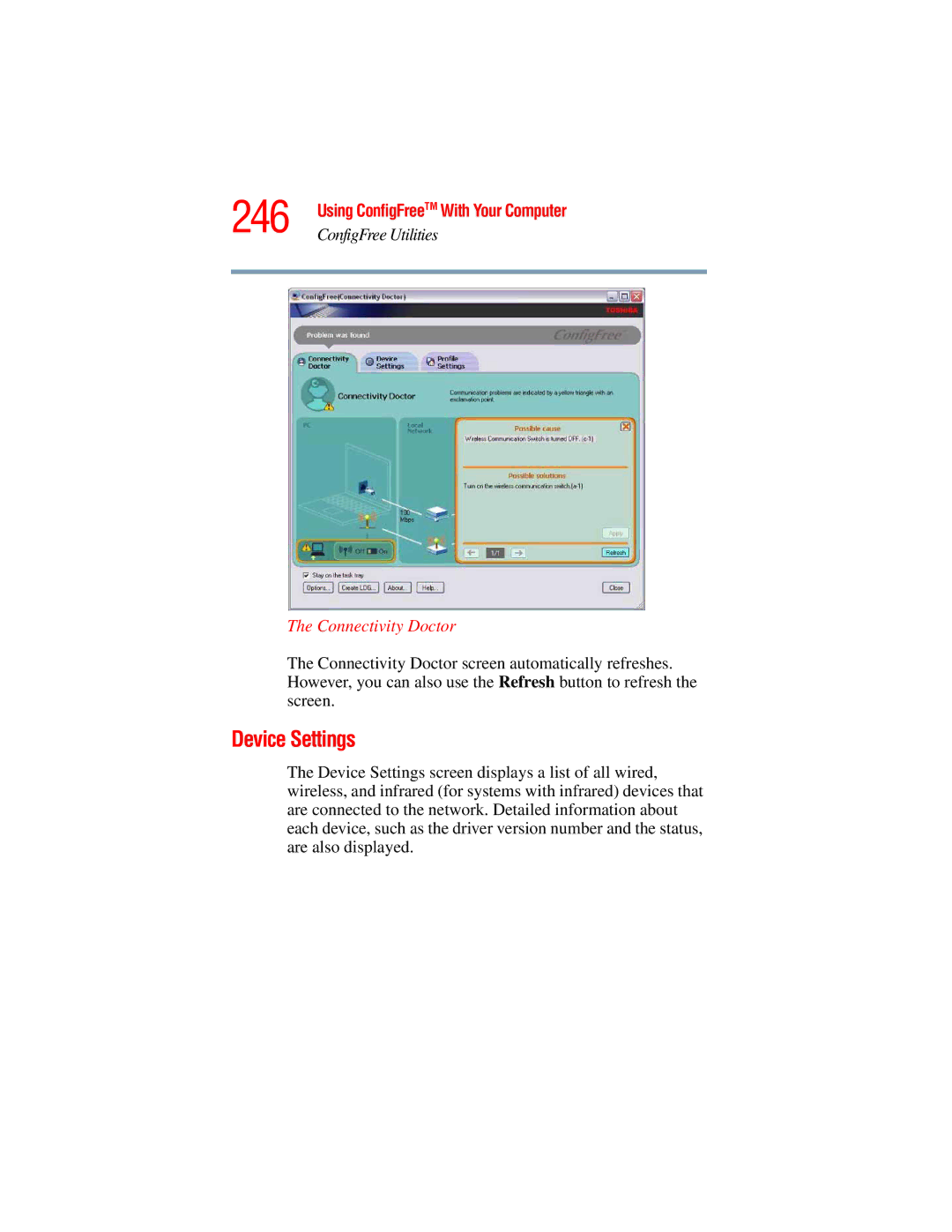 Toshiba A45 Series manual 246, Device Settings, Connectivity Doctor 