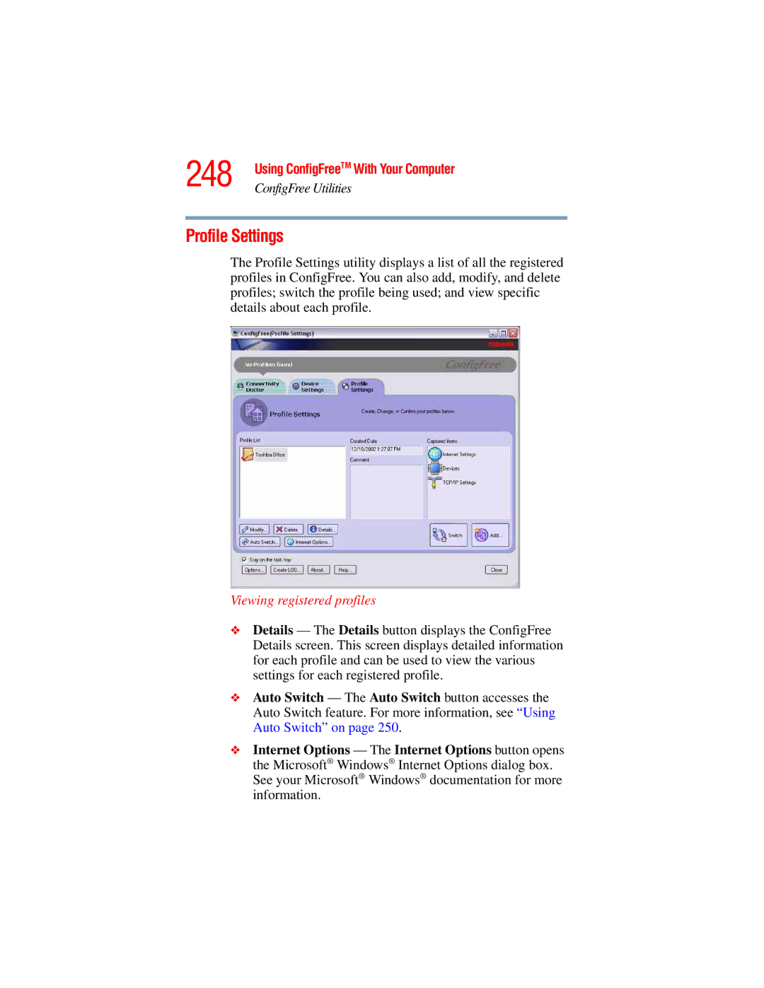 Toshiba A45 Series manual 248, Profile Settings, Viewing registered profiles 