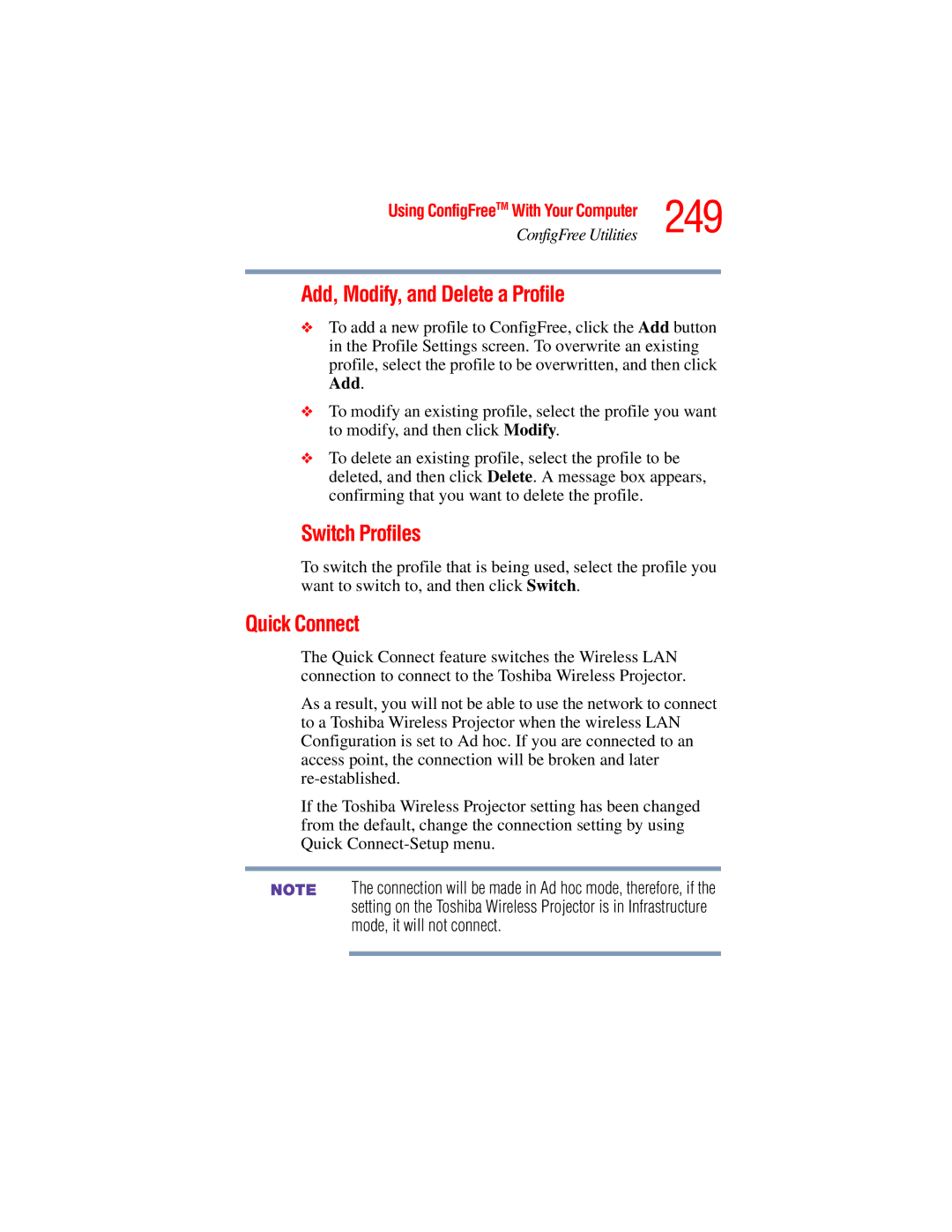 Toshiba A45 Series manual 249, Add, Modify, and Delete a Profile, Switch Profiles, Quick Connect 