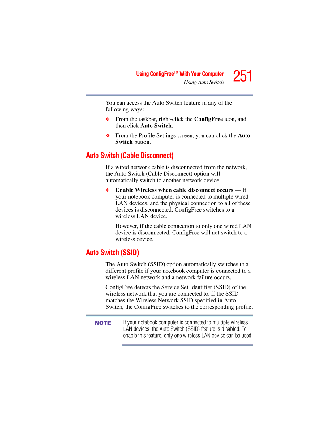 Toshiba A45 Series manual 251, Auto Switch Cable Disconnect, Auto Switch Ssid 