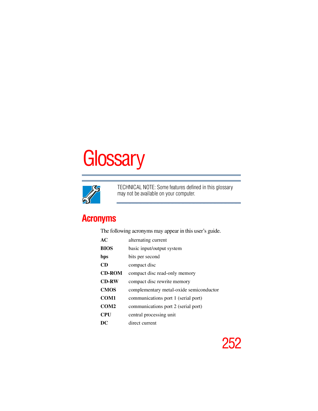 Toshiba A45 Series manual Acronyms, Following acronyms may appear in this user’s guide 