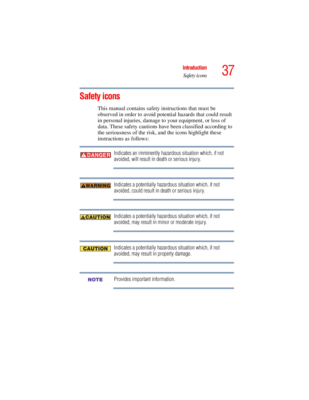 Toshiba A45 Series manual Safety icons 