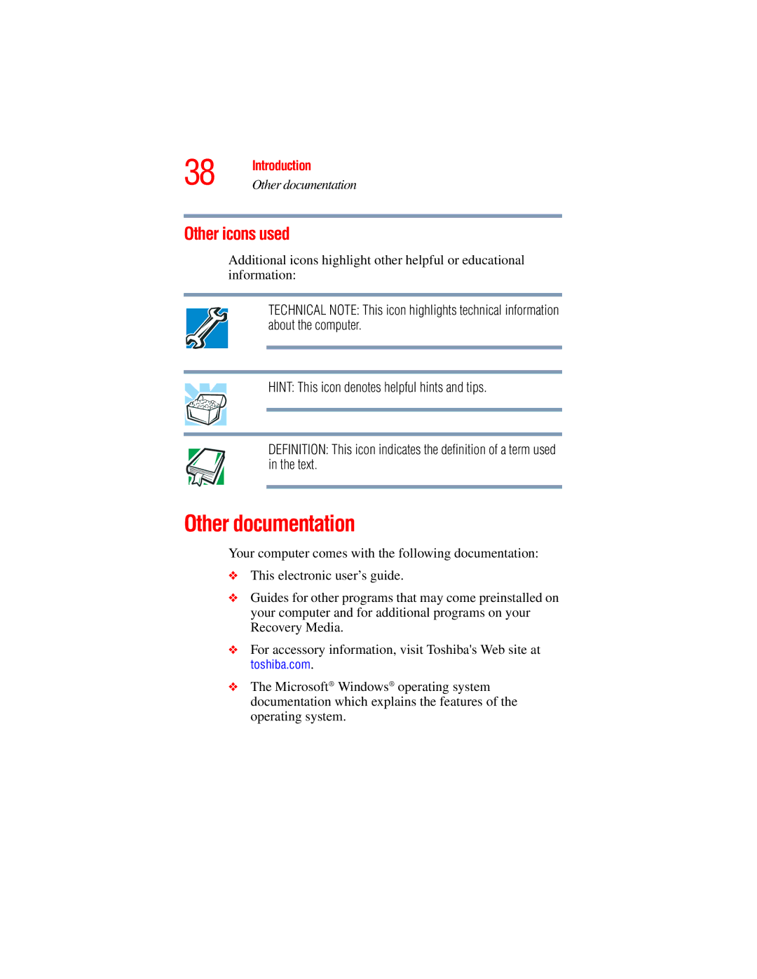 Toshiba A45 Series manual Other documentation, Other icons used 