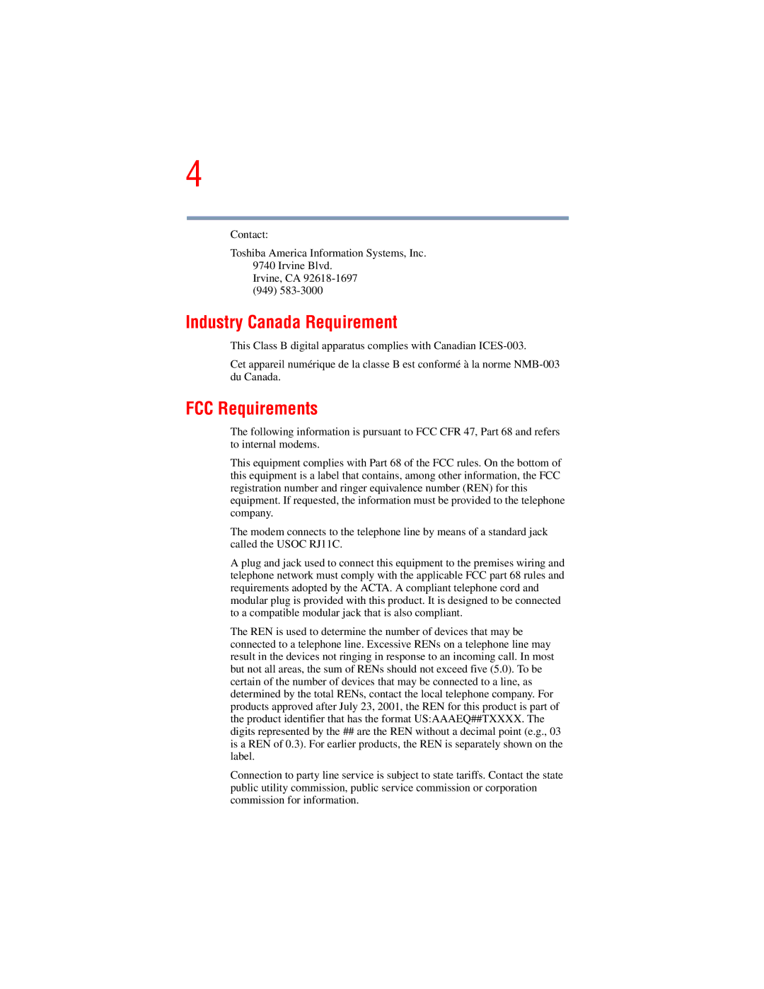 Toshiba A45 Series manual Industry Canada Requirement, FCC Requirements 