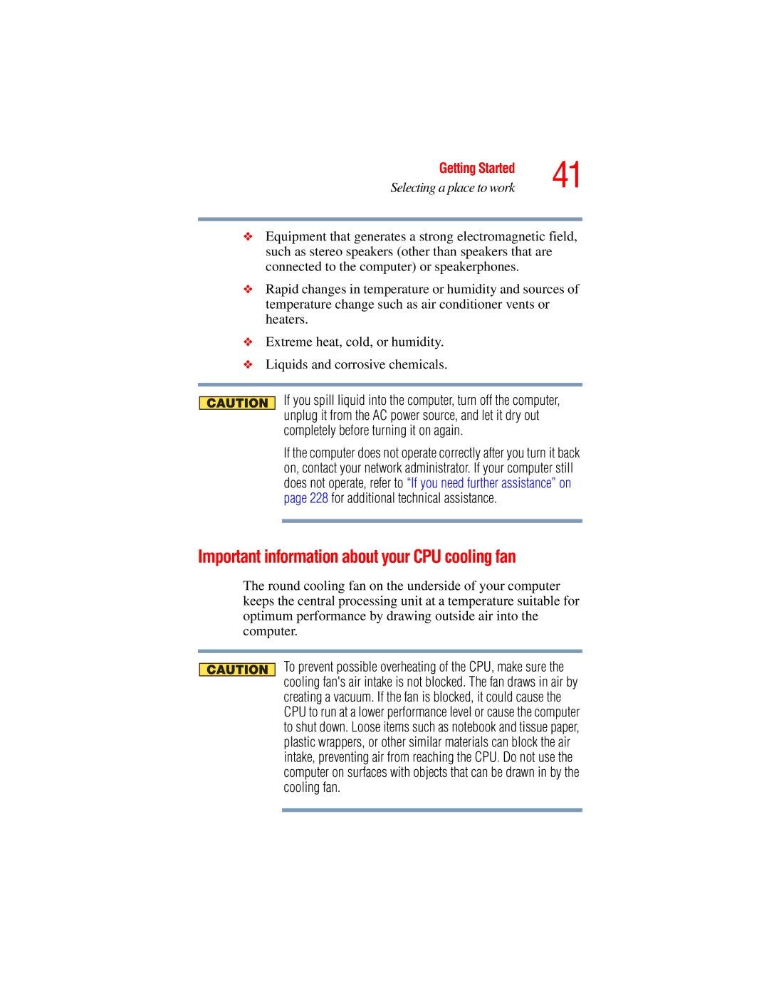 Toshiba A45 Series manual Important information about your CPU cooling fan 