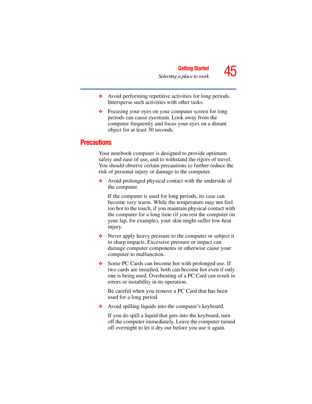 Toshiba A45 Series manual Precautions 