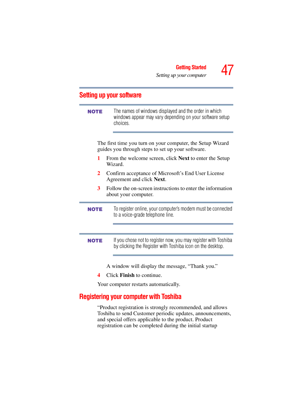 Toshiba A45 Series manual Setting up your software, Registering your computer with Toshiba 