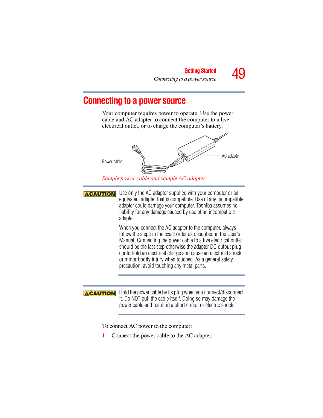 Toshiba A45 Series manual Connecting to a power source, Sample power cable and sample AC adapter 