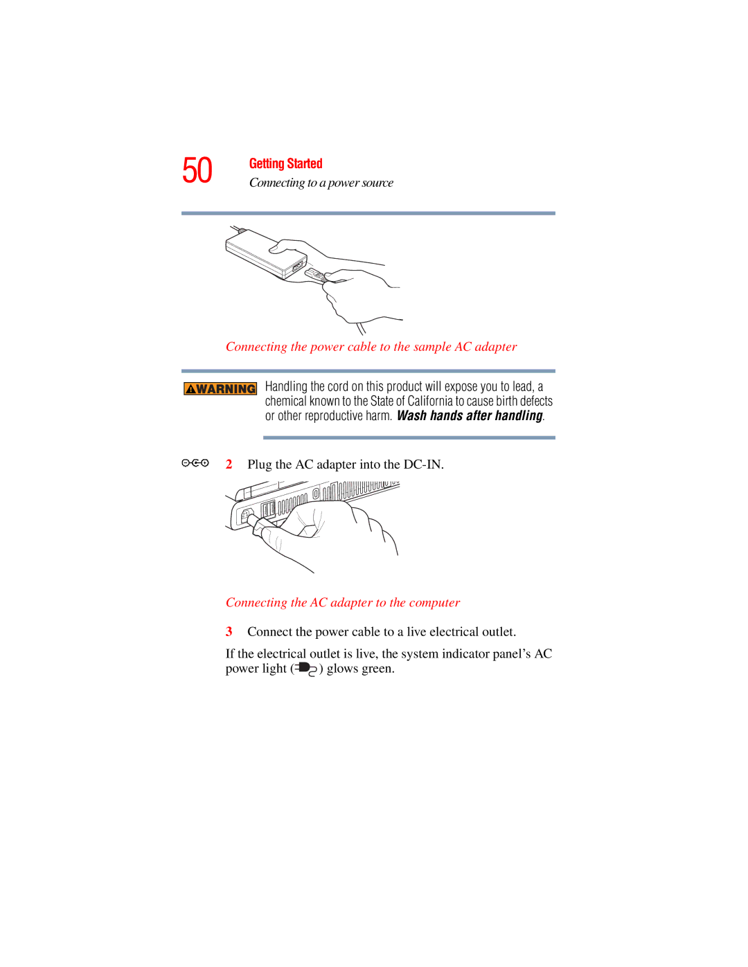 Toshiba A45 Series manual Connecting the power cable to the sample AC adapter, Plug the AC adapter into the DC-IN 