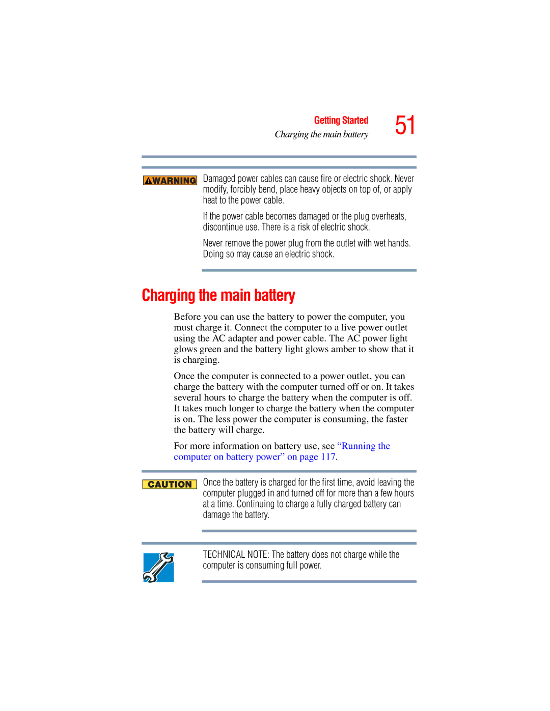 Toshiba A45 Series manual Charging the main battery 