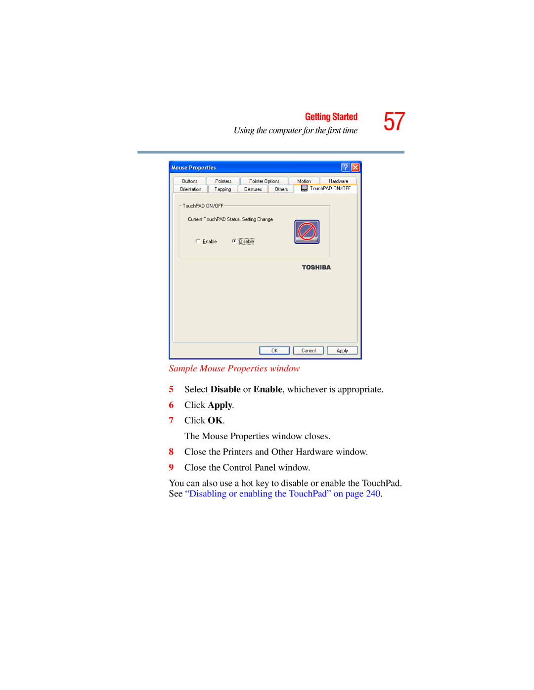 Toshiba A45 Series manual Sample Mouse Properties window 