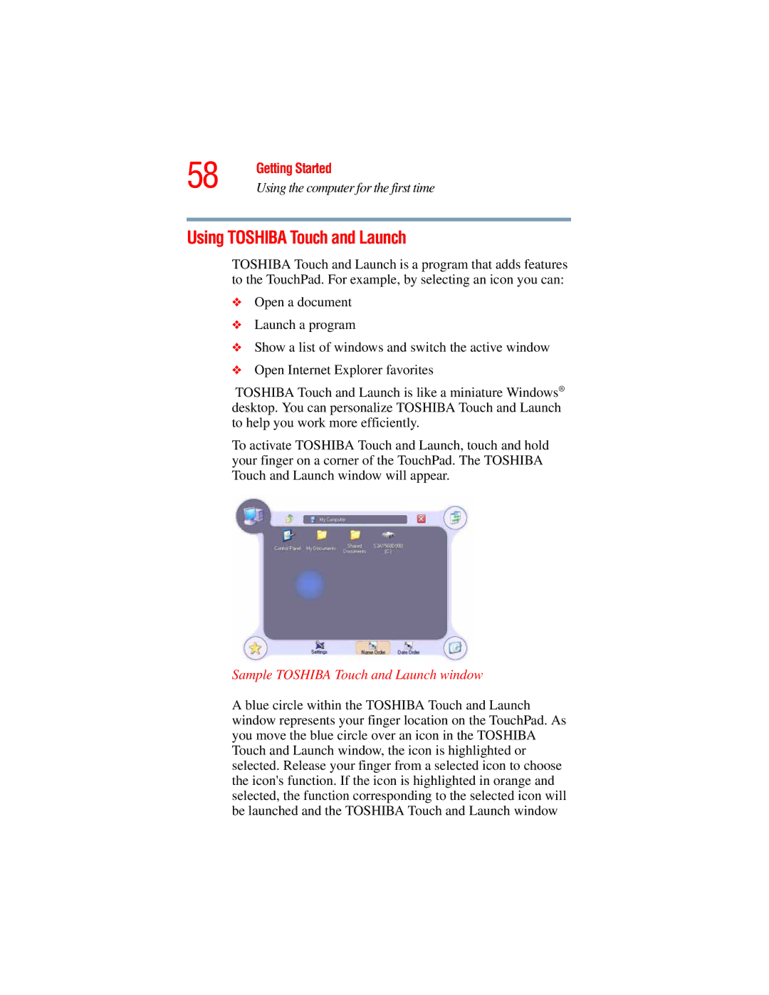 Toshiba A45 Series manual Using Toshiba Touch and Launch, Sample Toshiba Touch and Launch window 