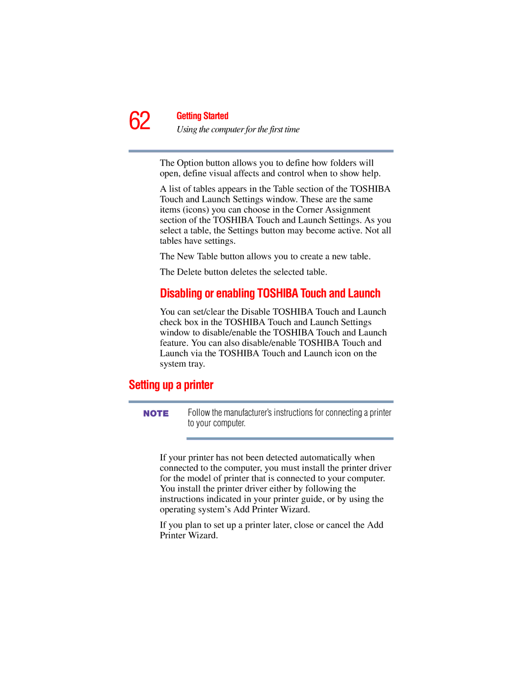 Toshiba A45 Series manual Setting up a printer, Disabling or enabling Toshiba Touch and Launch 