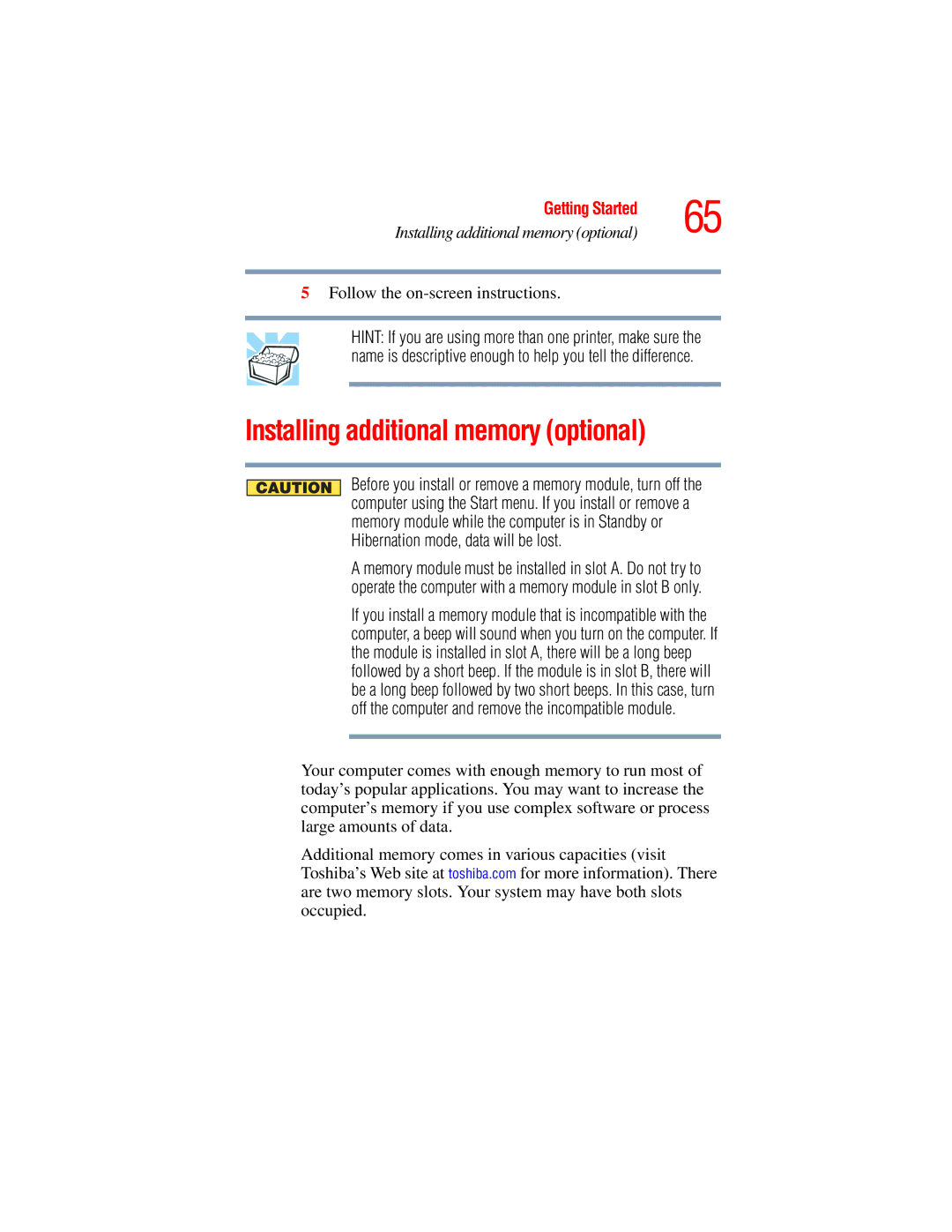 Toshiba A45 Series manual Installing additional memory optional, Follow the on-screen instructions 