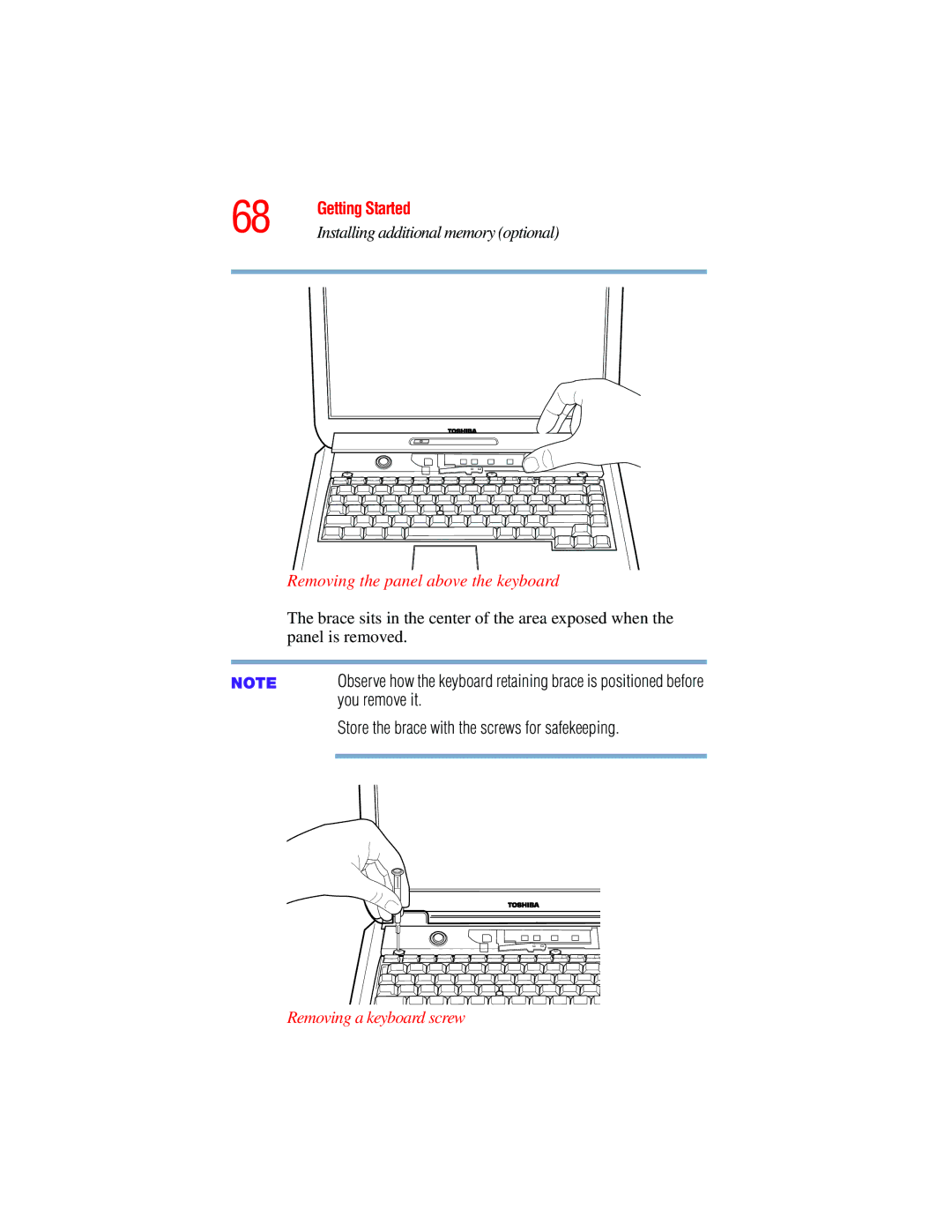 Toshiba A45 Series manual Removing the panel above the keyboard, Removing a keyboard screw 