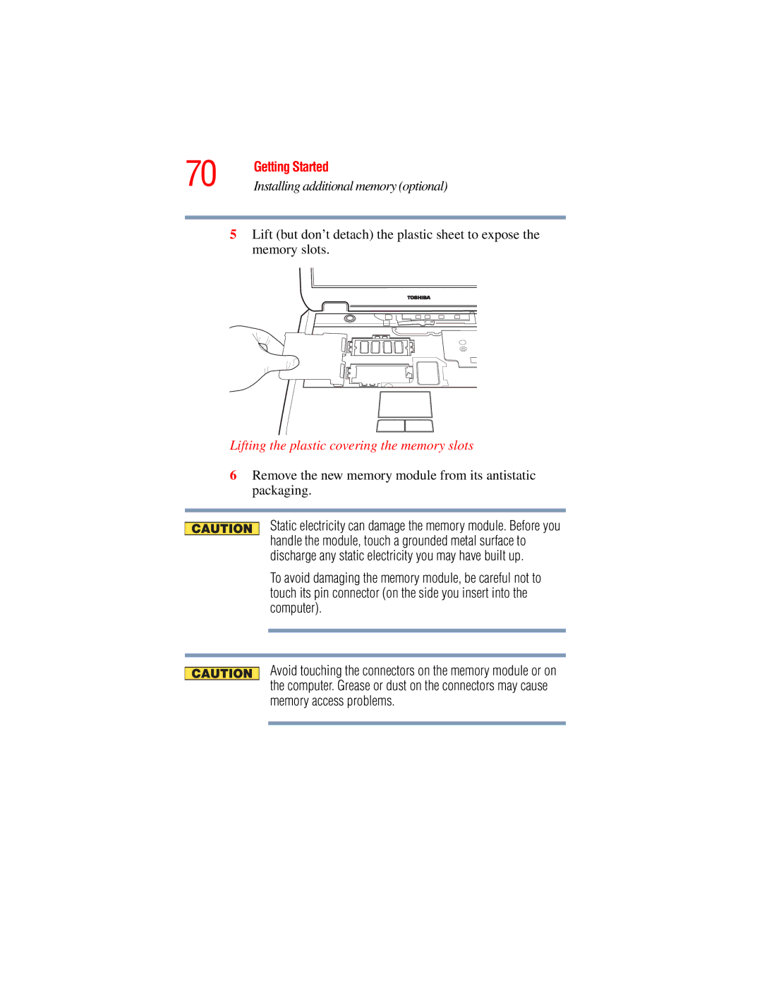 Toshiba A45 Series manual Lifting the plastic covering the memory slots 