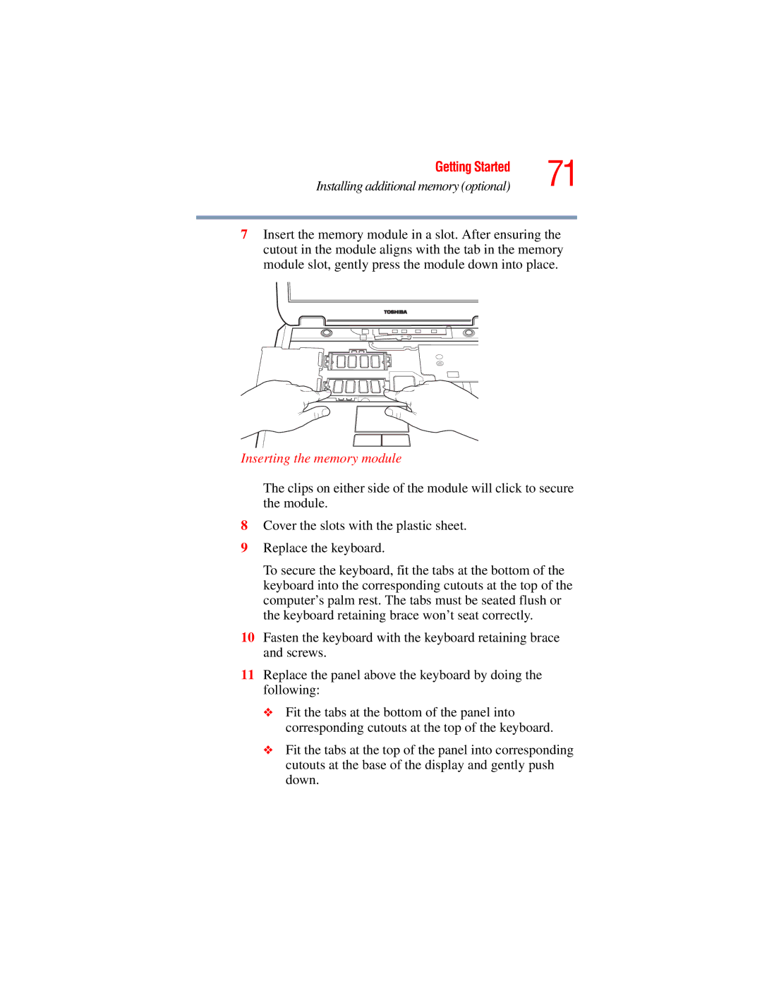 Toshiba A45 Series manual Inserting the memory module 