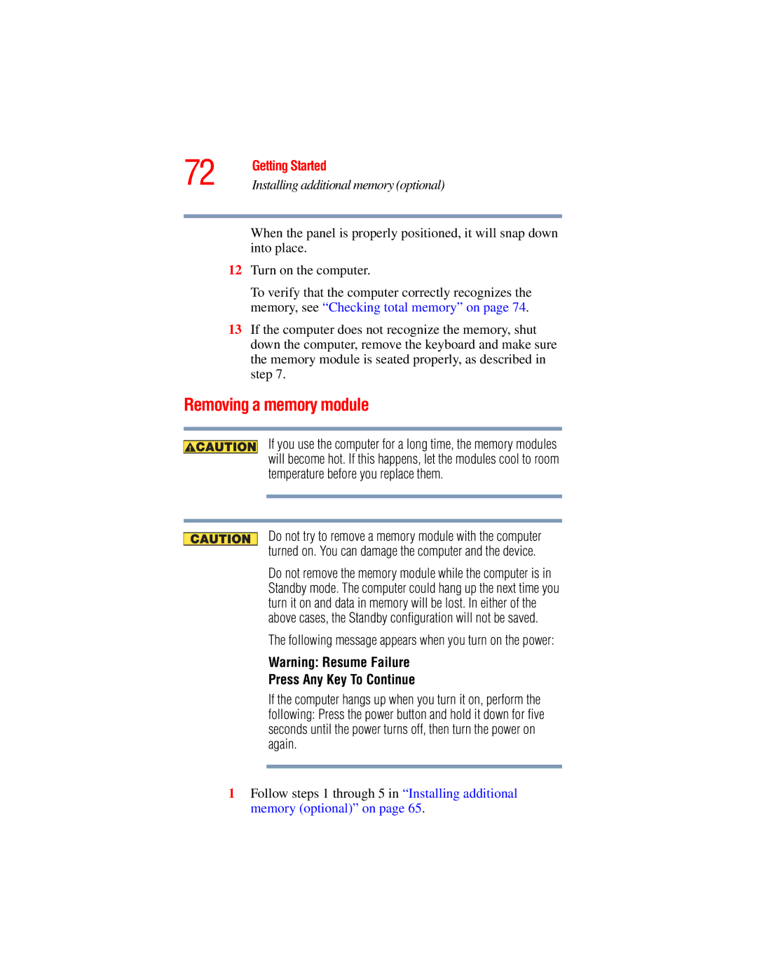 Toshiba A45 Series manual Removing a memory module, Press Any Key To Continue 