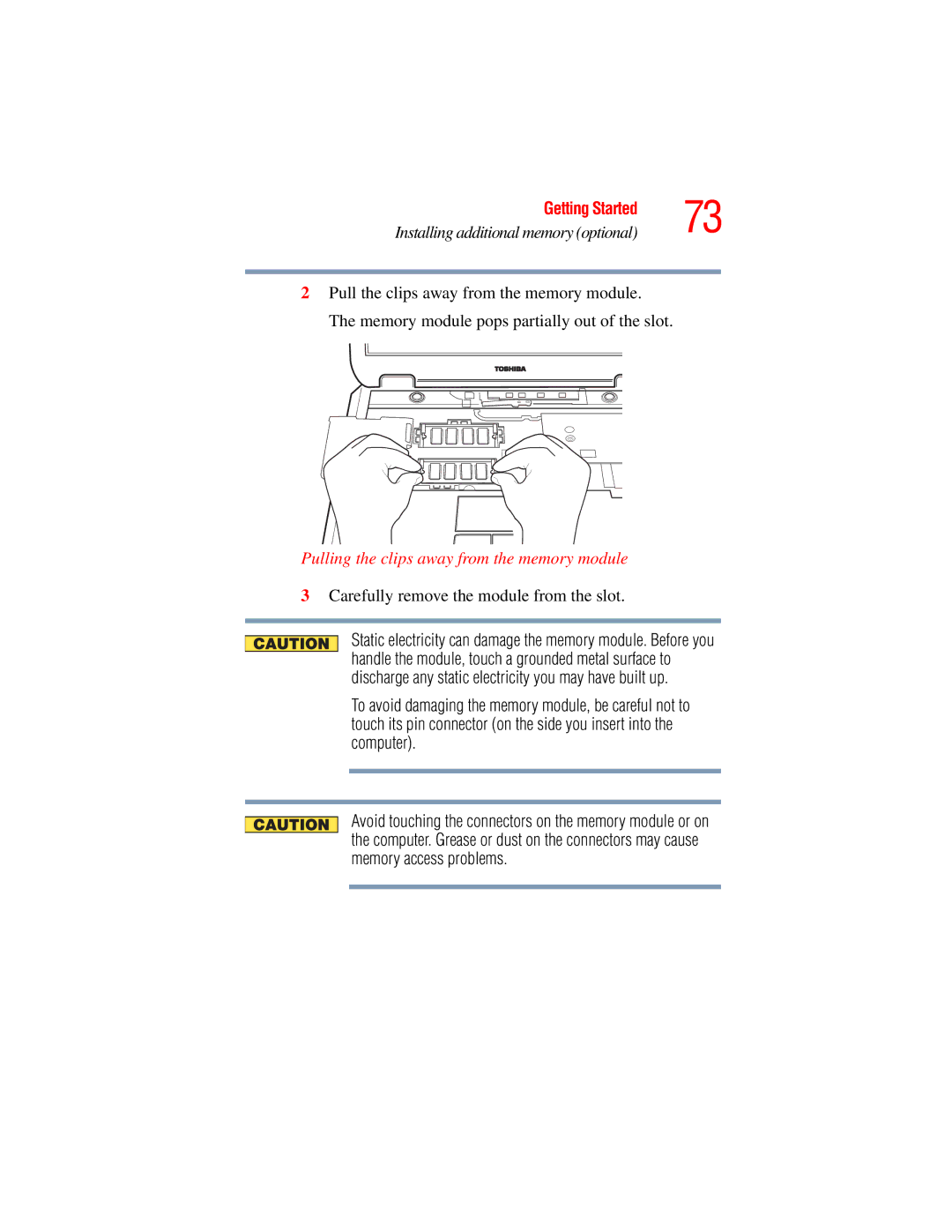 Toshiba A45 Series manual Pulling the clips away from the memory module, Carefully remove the module from the slot 