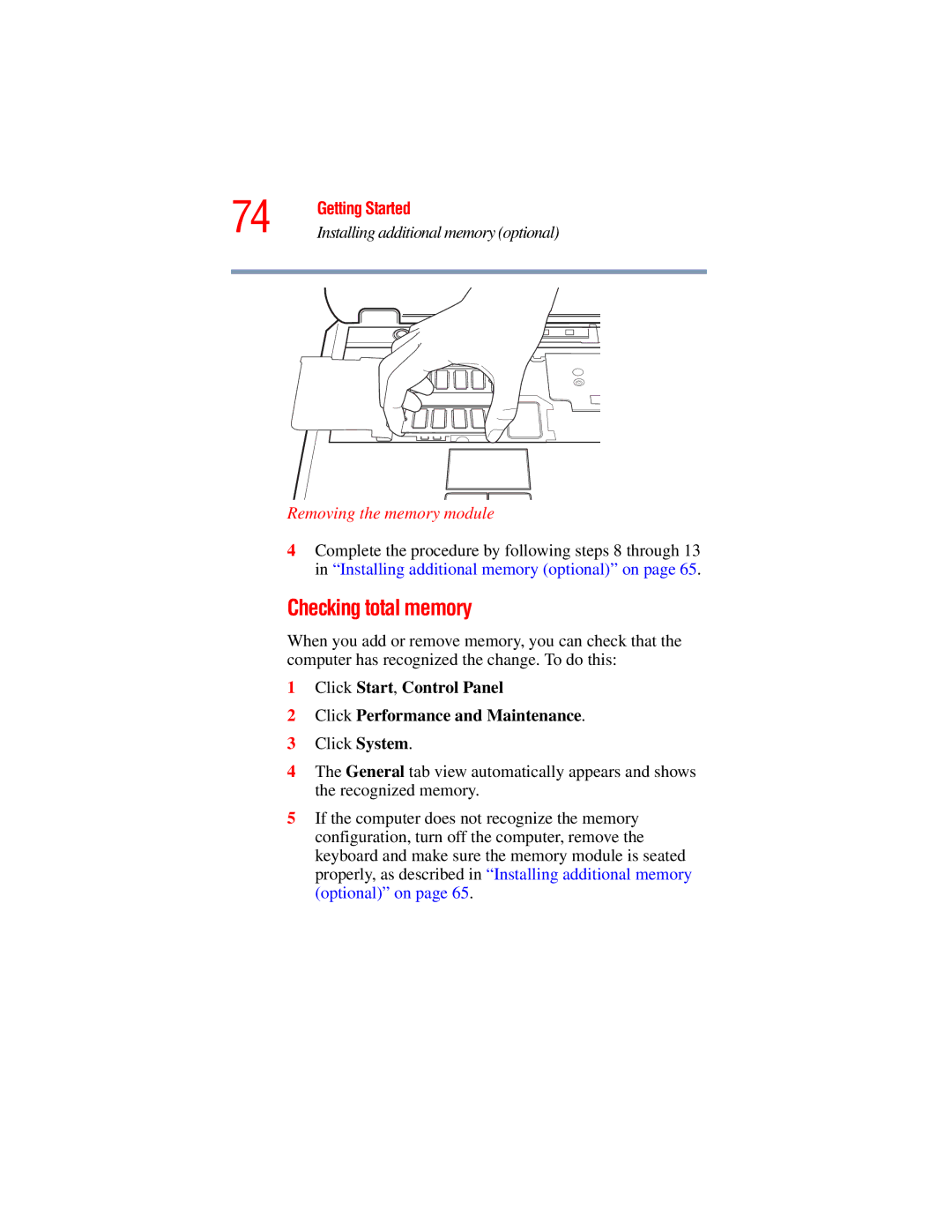 Toshiba A45 Series manual Checking total memory, Removing the memory module 