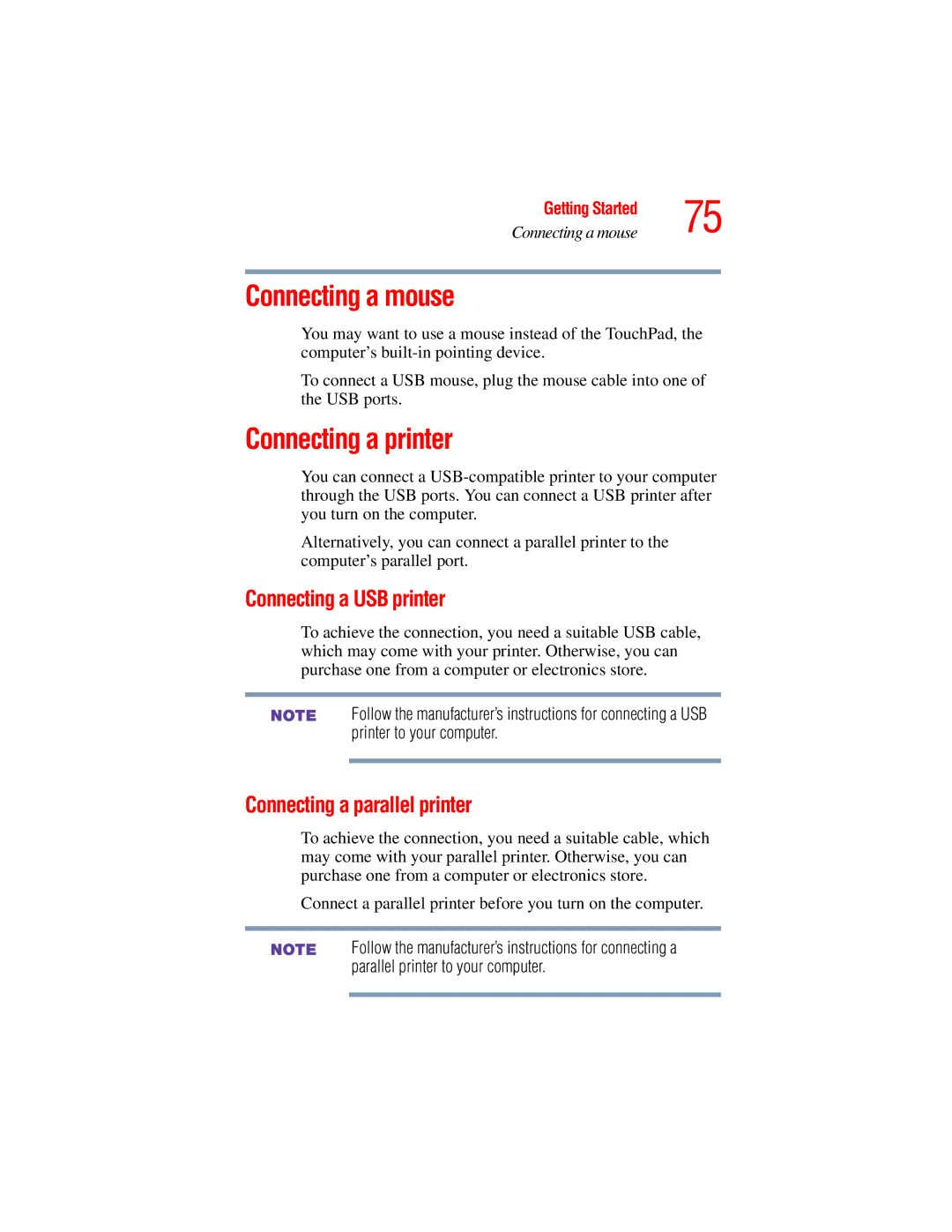 Toshiba A45 Series manual Connecting a mouse, Connecting a printer, Connecting a USB printer, Connecting a parallel printer 