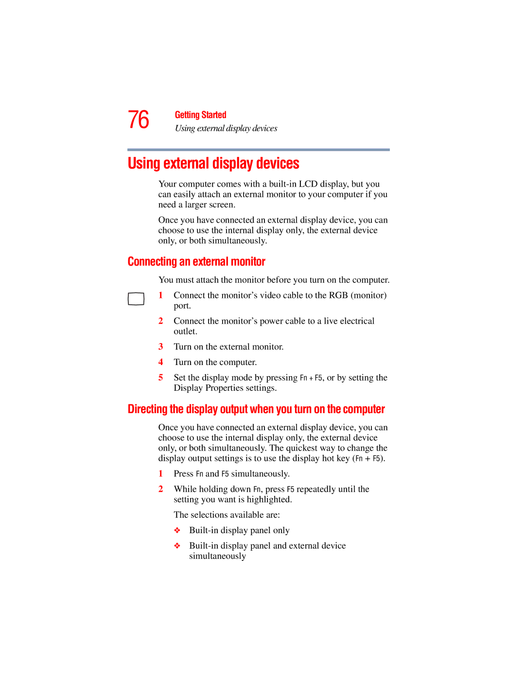 Toshiba A45 Series manual Using external display devices, Connecting an external monitor 