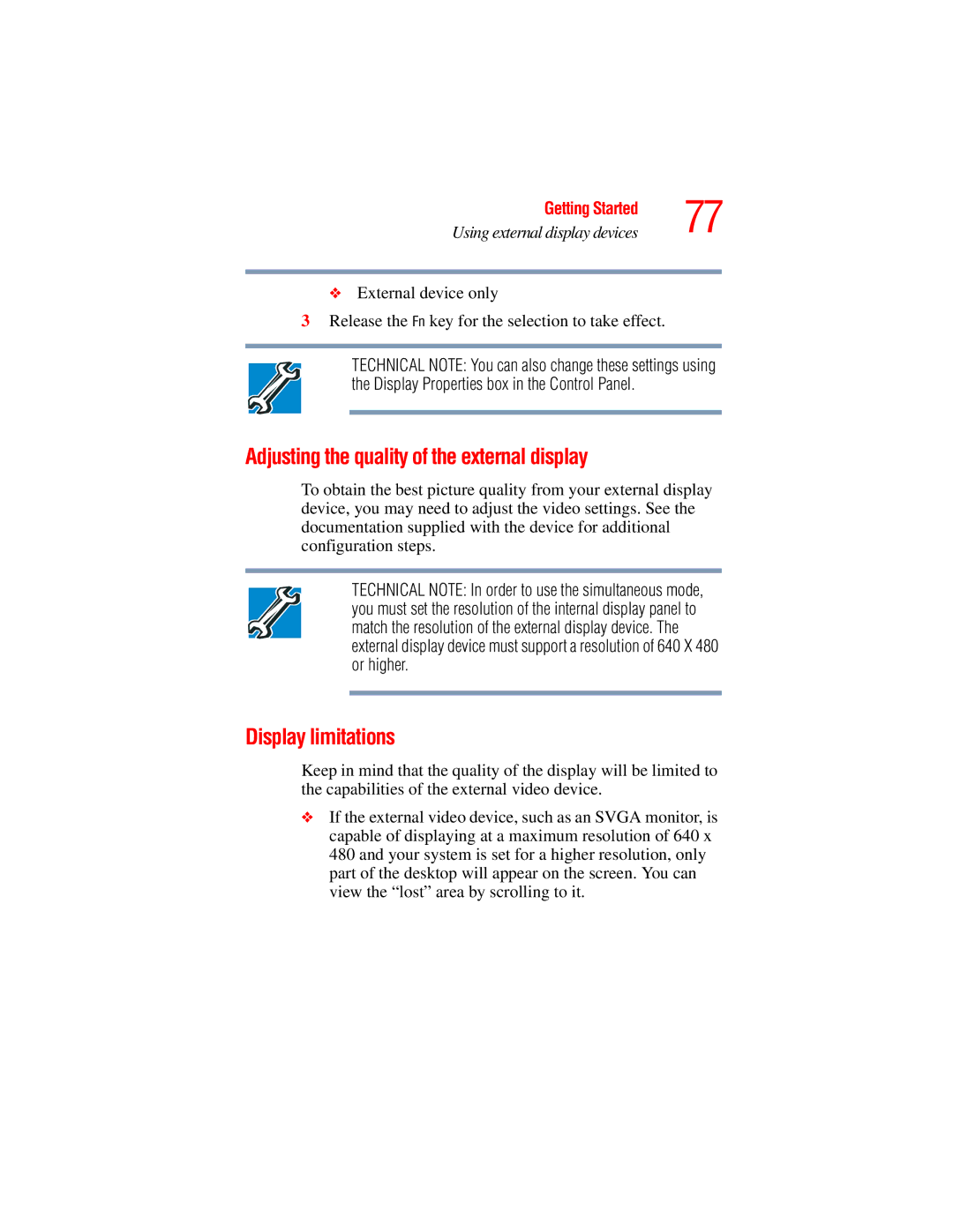 Toshiba A45 Series manual Adjusting the quality of the external display, Display limitations 