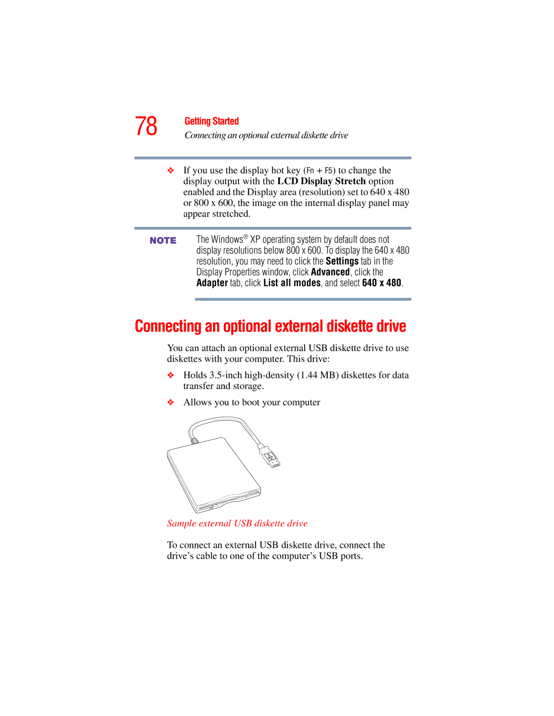 Toshiba A45 Series manual Connecting an optional external diskette drive, Sample external USB diskette drive 