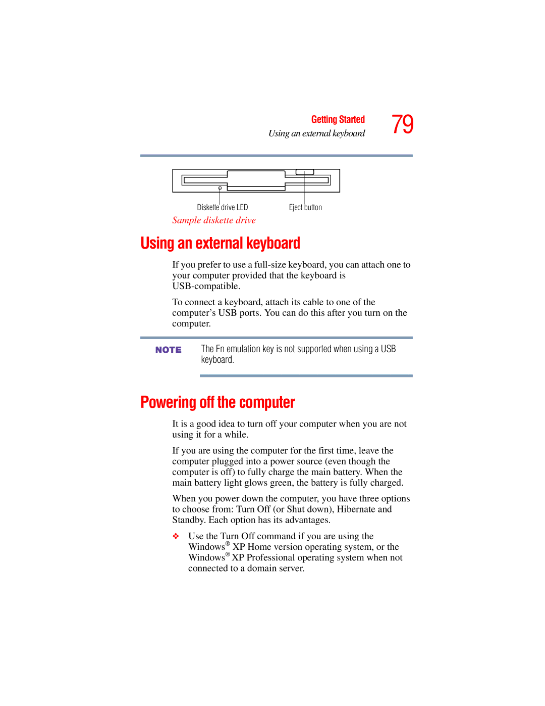 Toshiba A45 Series manual Using an external keyboard, Powering off the computer, Sample diskette drive 