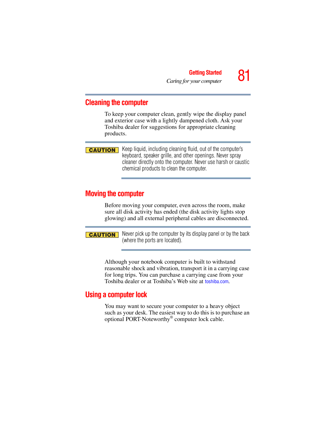 Toshiba A45 Series manual Cleaning the computer, Moving the computer, Using a computer lock 