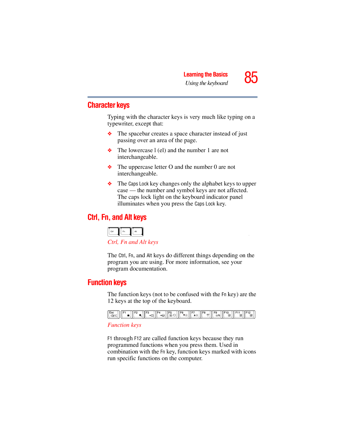 Toshiba A45 Series manual Character keys, Ctrl, Fn, and Alt keys, Function keys, Ctrl, Fn and Alt keys 