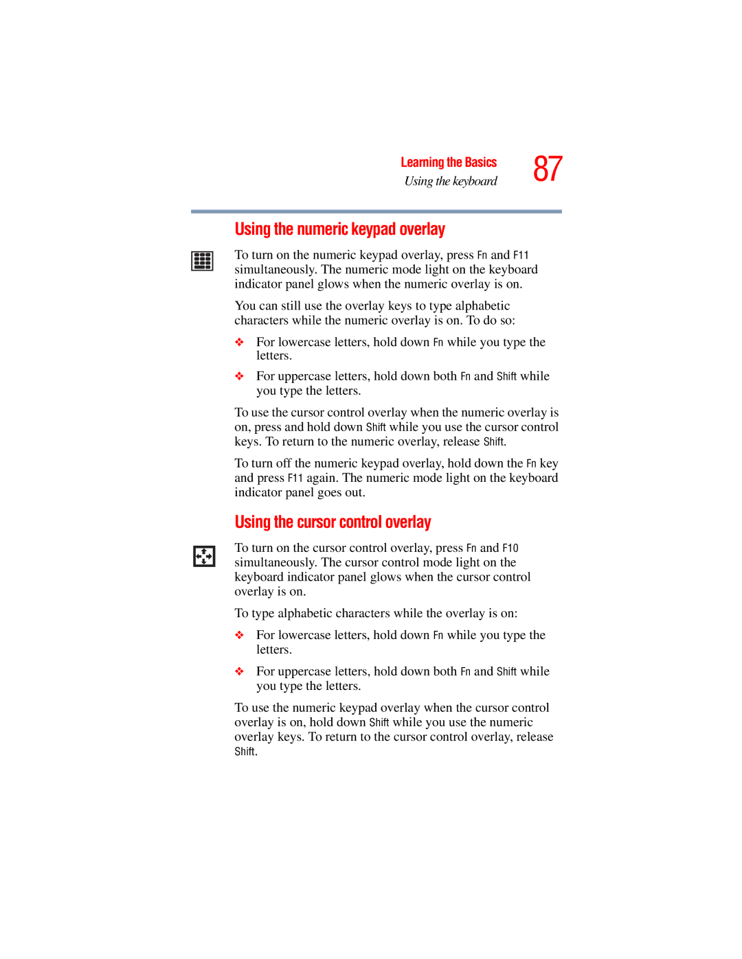 Toshiba A45 Series manual Using the numeric keypad overlay, Using the cursor control overlay 