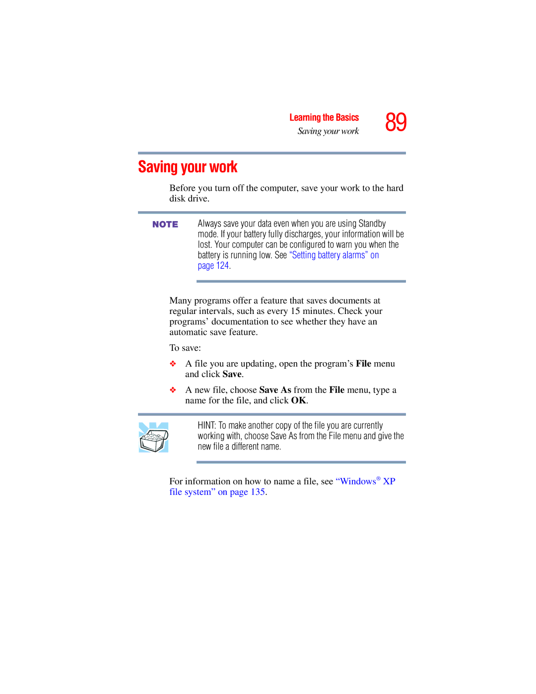 Toshiba A45 Series manual Saving your work 