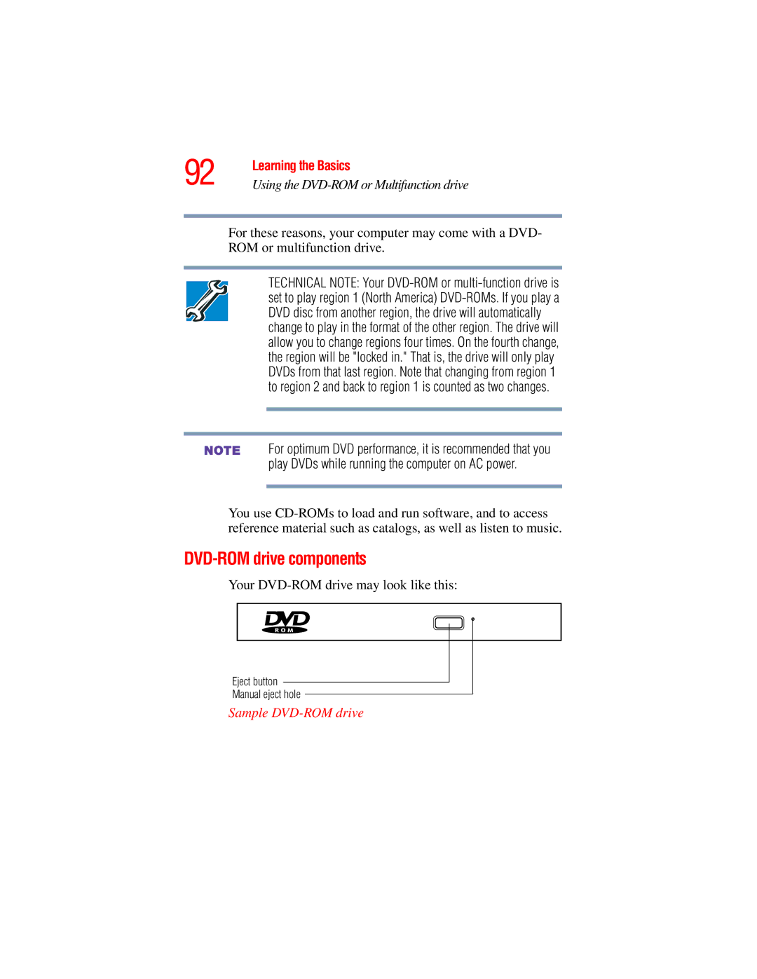 Toshiba A45 Series manual DVD-ROM drive components, Your DVD-ROM drive may look like this, Sample DVD-ROM drive 