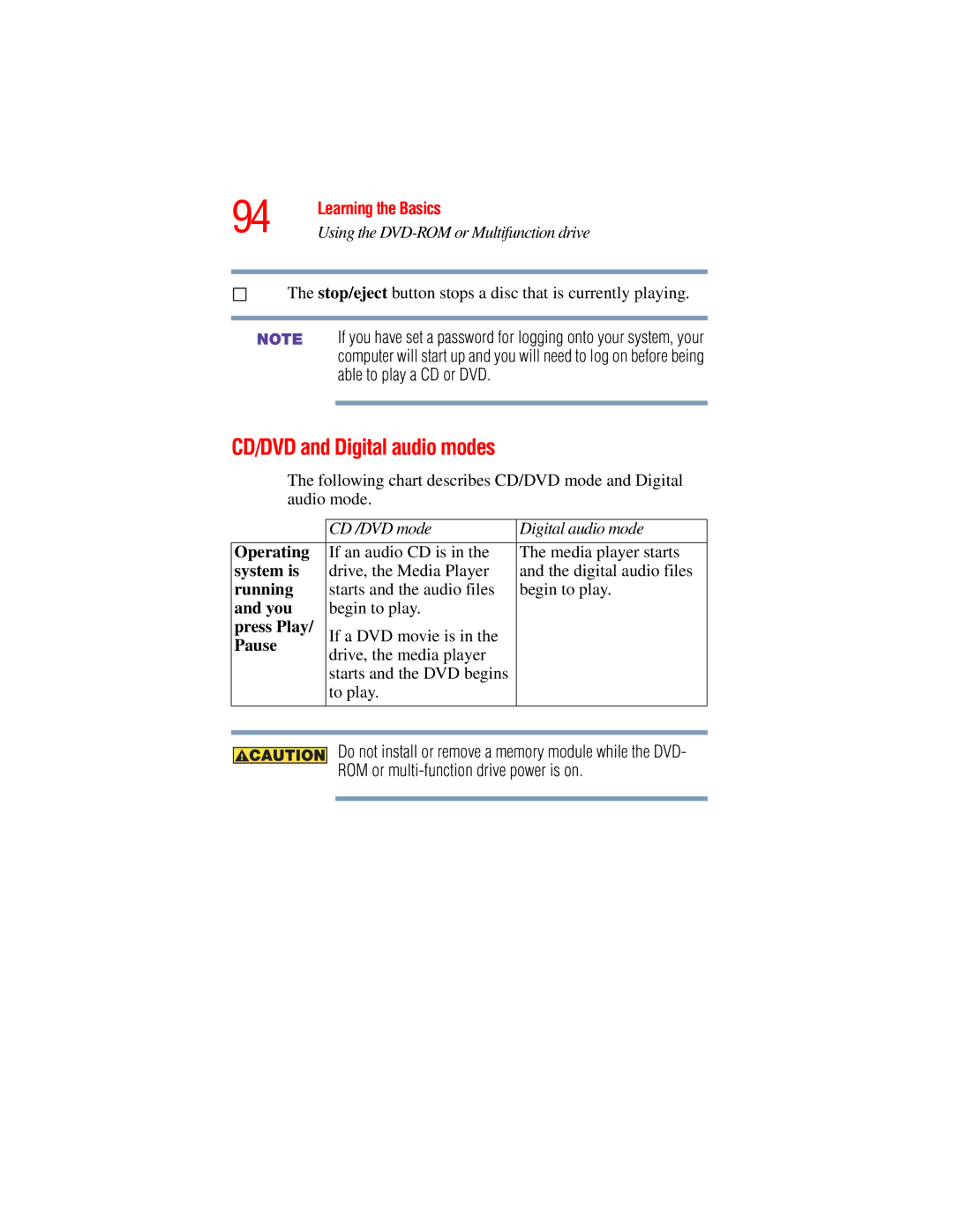 Toshiba A45 Series manual CD/DVD and Digital audio modes, Stop/eject button stops a disc that is currently playing 