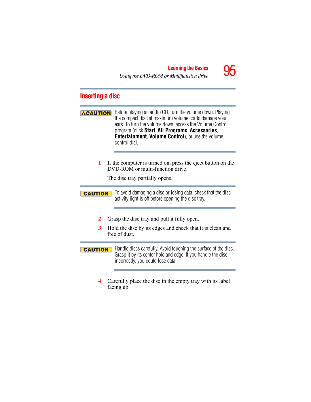 Toshiba A45 Series manual Inserting a disc 