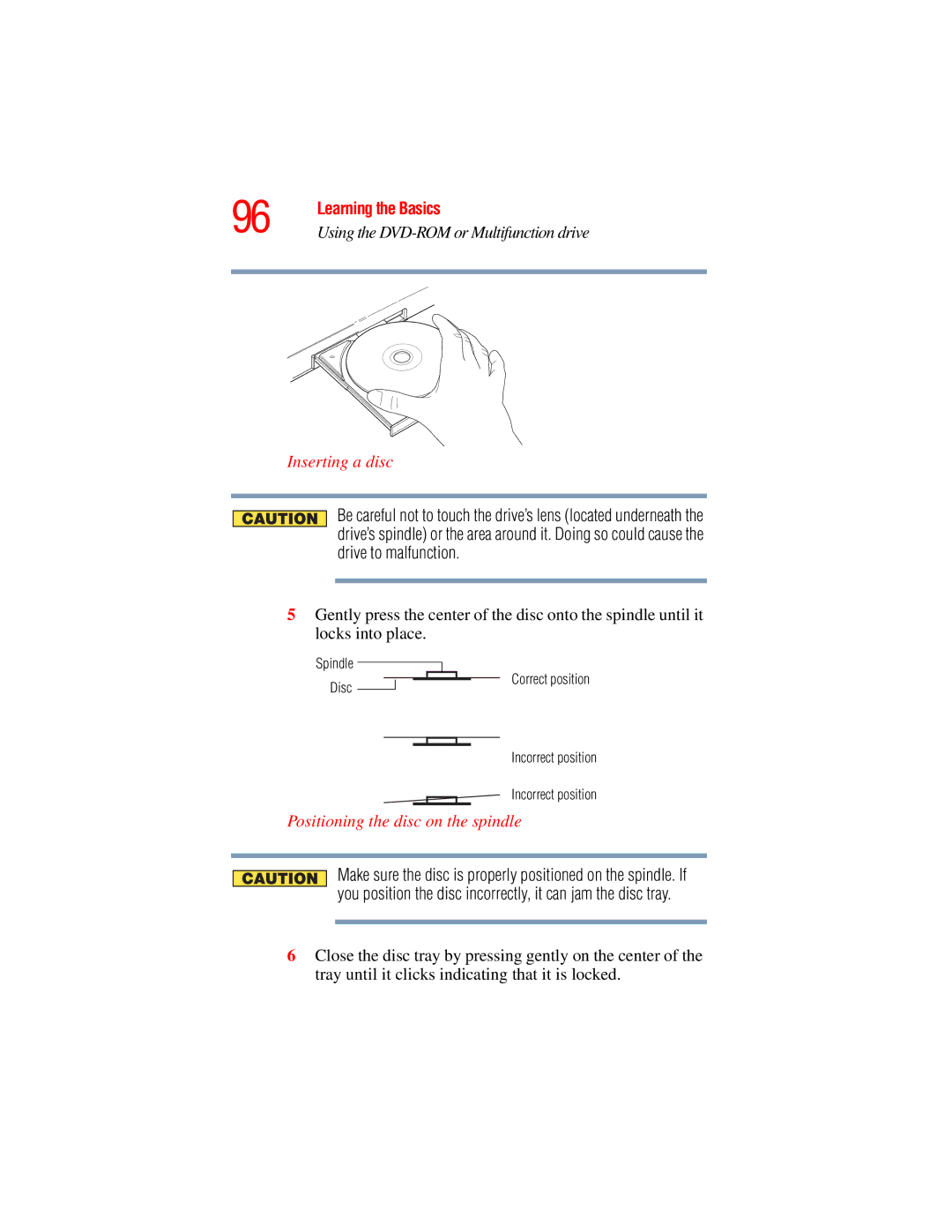 Toshiba A45 Series manual Inserting a disc, Positioning the disc on the spindle 